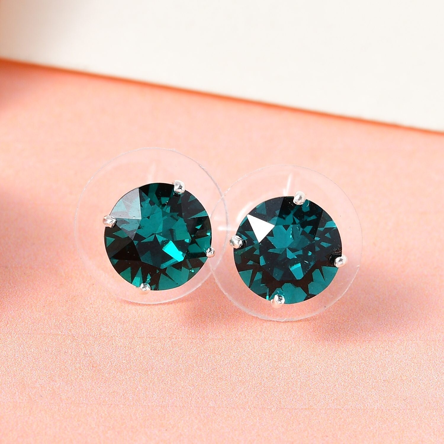 Stud Earrings Solitaire: Emerald Color Austrian Crystal- 925 Sterling Silver NEW-image