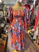 FARM Rio purple, orange, multi Cotton paint strokes Maxi smocked Dress, Size S