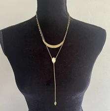 LUCKY BRAND Crescent Moon Mother Of Pearl Tear Drop Gold Tone Layered Necklace
