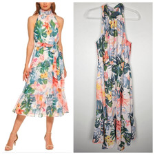 Eliza J Tropical Floral Midi Dress High Neck Sleeveless Multicolor Size 10