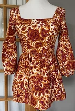 Anthropologie Love The Label Mini Dress XS Puff Sleeve Cut Out Orange Brown Chic