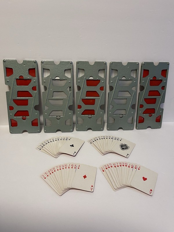 5 Vintage Dealer Metal Bridge/ Playing Card Holders And 1 Vintage Deck Of Cards
