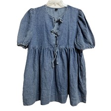 Free Assembly Dress Women's Large Short Sleeves Denim Tie Knot Pleated Top
