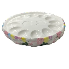 Vtg Ceramic Bunny and Tulip Deviled Egg Platter Dish Tray Easter Decor Cottage