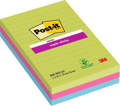 Post-it  Super Sticky Notes Großformat Farben Liniert 101x152mm 3 Blöcke