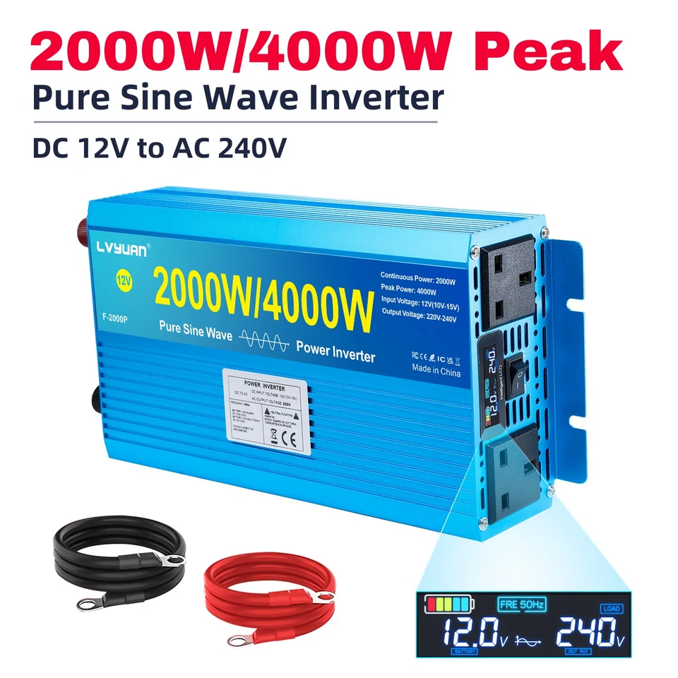 LVYUAN 2000W 4000W Pure Sine Wave Power Inverter 12V DC to 240V AC Converter W/ 2AC LCD