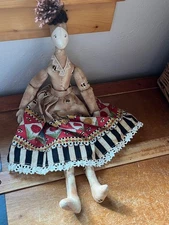 Handmade Long Thin Stuffed Fabric Folk Art Doll in Garden Dress w Ponytail on