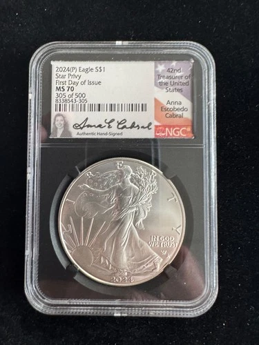 2024 P $1 EAGLE MS70 Star Privy 1st Day Signed Anna E Cabral 1 of 500 POP 500 NR