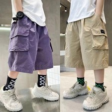 Boys Cargo Shorts Kids Summer Streetwear Elastic Waist Big Pocket Casual Fit