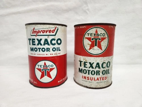 2 Vintage Texaco Improved Motor Oil Cans 1 Quart Insulated Pair Gas Sign Can Old
