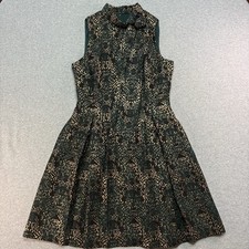 Vince Camuto Cocktail Dress Sz 6 Green Gold Metallic Jacquard Bow Neck Pockets