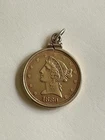 US 1880 Gold $5 Liberty Head Half Eagle Coin Pendant, 14K Gold Bezel Pre-1933