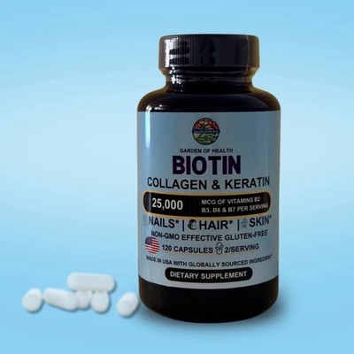  Biotin 25000mcg Collagen Keratin Hair Skin Nails Vitamin B Complex 120 Capsules