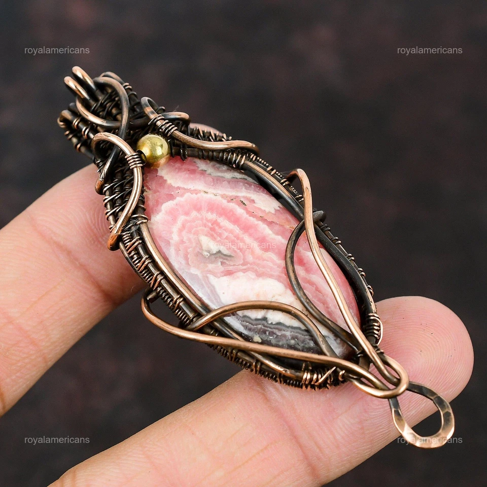 Joyería de piedras preciosas de rodocrosita regalo de cobre para mamá colgante envuelto en alambre 3,03" Foto 3 de 4