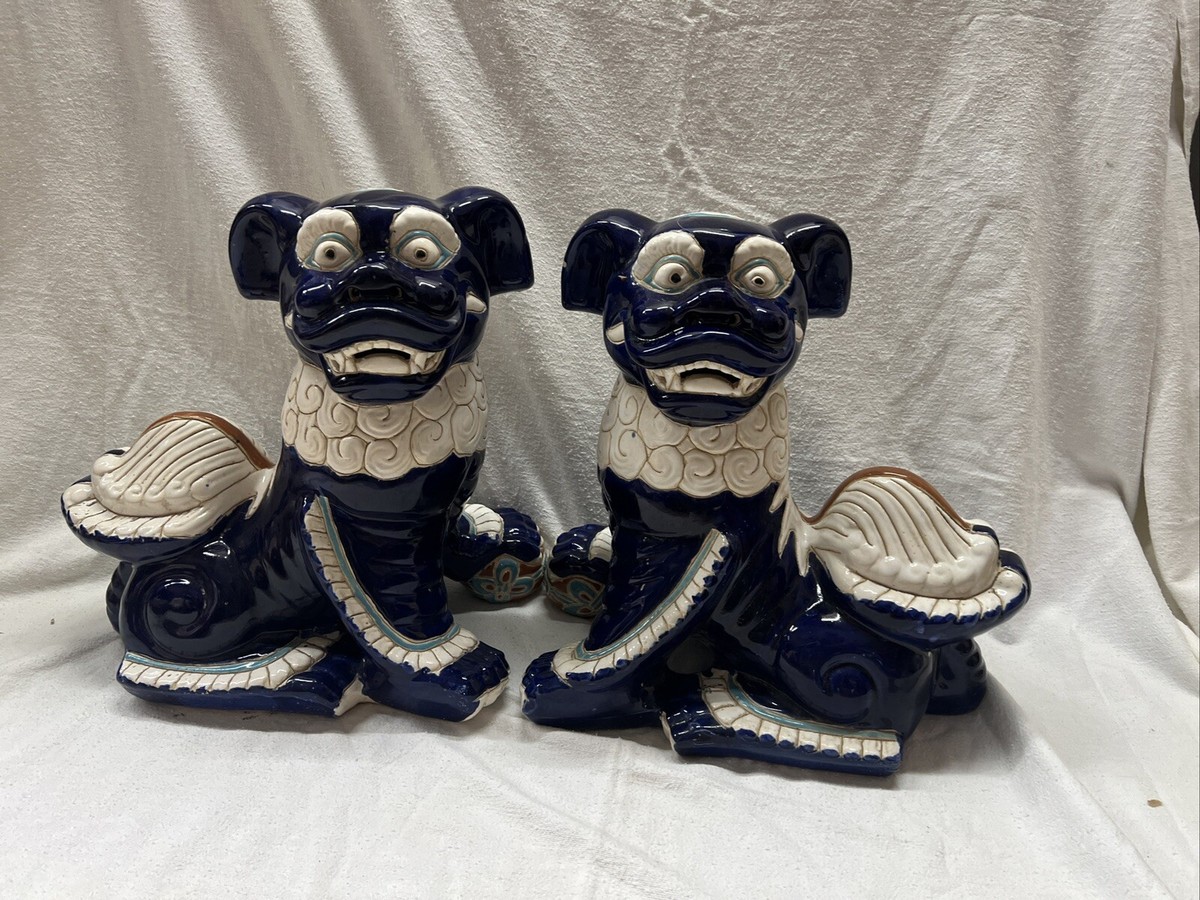Two Large vintage Foo Dog porcelain ceramic sculpture figurines