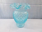 Fenton Blue Glass Hobnail Double Crimped Vase 6" Tall