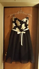 Cocktail Dress Size Large PAPAYA Black w/ Gold Flowers, flared skirt, ribbon tie