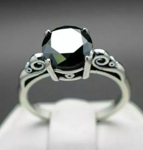 1.3CT Round Lab Created Black Diamond Solitaire Women Ring 14K White Gold Plated - Picture 3 of 5