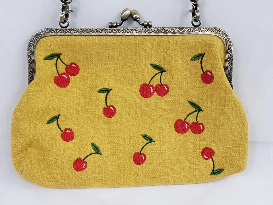 Bolso Cartera Kisslock Bordado Cerezas con Cadena Amarillo Lino Mezcla Algodón Foto 2 de 4
