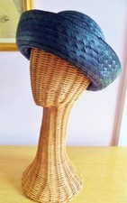 Vintage Black Straw Tilt Hat Turned Up Brim Size 7 1/8 Italian Doris Day 1950s