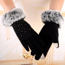 Lady Fleece Lined Gloves Driving Gloves Touchscreen Faux Fur Trim Warm Winter