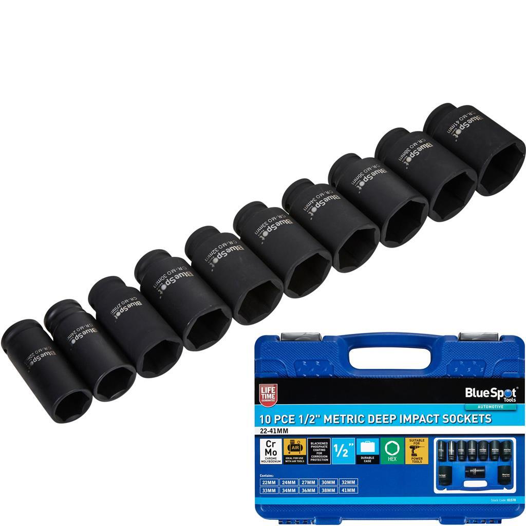 BlueSpot 10pc 1/2"" Metric Deep Impact Sockets 22mm - 41mm Set Hex