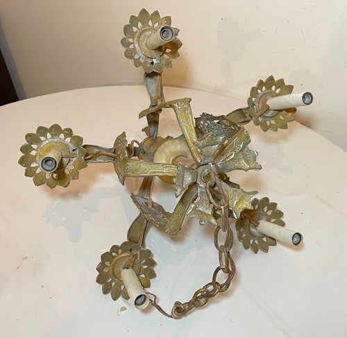 Antiguo ornamentado Art Deco 5 brazos latón alabastro colgante lámpara - Imagen 11 de 13