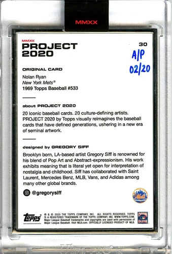 TOPPS PROJECT 2020 NOLAN RYAN SIFF ARTIST PROOF AP 02/20 Silver Frame #30 - NICE