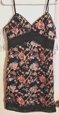 Aqua Mini Lace Mesh Black Floral Evening Dress Spaghetti Strap NWT $128 Large