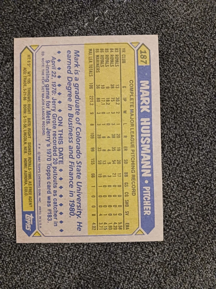 1987 Topps - Mark Huismann #187 - Mariners - ungraded - Image 2 of 2
