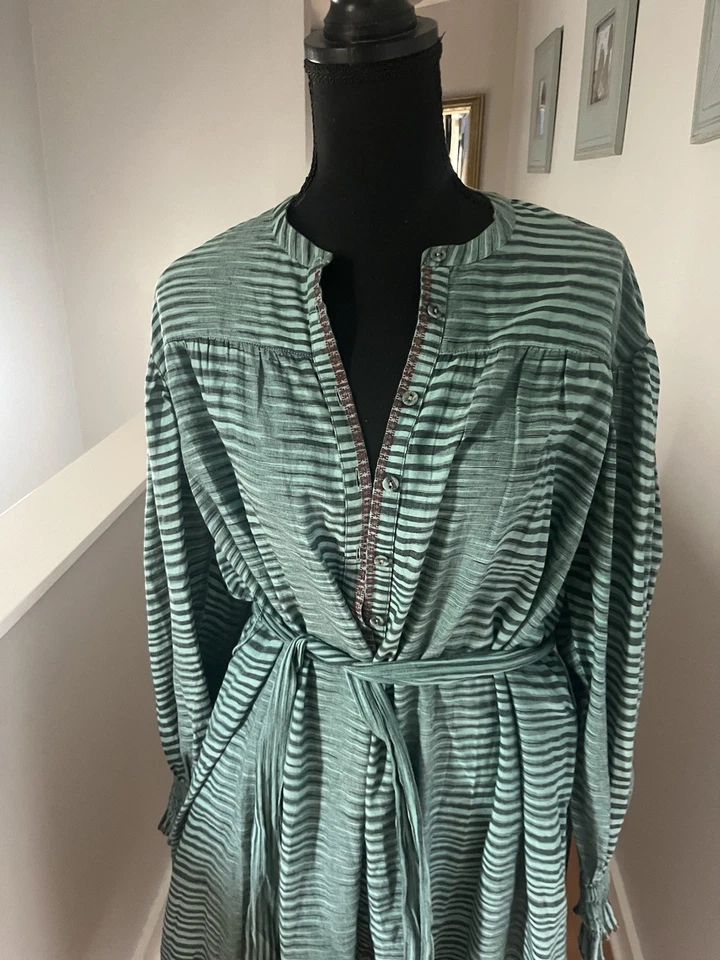 ULLA JOHNSON Fiora Striped Cotton-voile Midi Dress In Teal Green w Belt 8 - Image 3 of 4