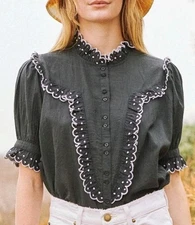 The Great. Scalloped Cedar Button Up Blouse Women's 3/Large Ruffles Eyelet BLUE