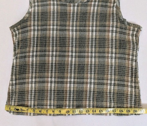 Lemon Grass Ruched Stretch Tank Top Women's 3X Earth Tones Plaid Cotton Khaki - Picture 7 of 9