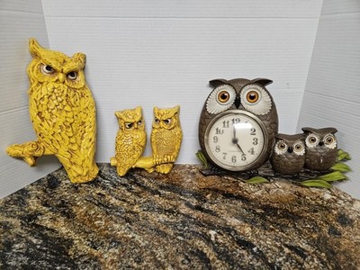 VTG 1972 Burwood New Haven Owl Family Wall Clock & Universal Statuary Yellow Owl
