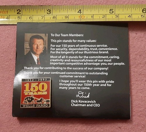 Wells Fargo 150 Years 1852-2002 Employee Lapel Pin w/ original card