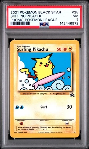 2001 POKEMON PROMO BLACK STAR POKEMON LEAGUE #28 SURFING PIKACHU PSA 7