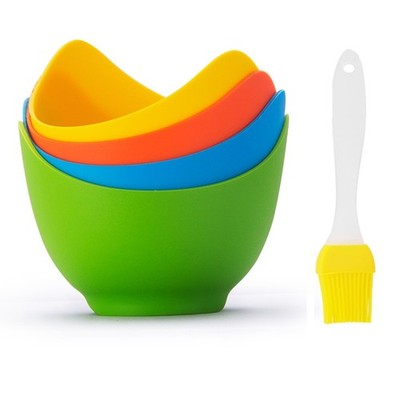 4 Stück Silikon Eierpochierer Becher mit BONUS Öl gelb, orange, blau, grün
