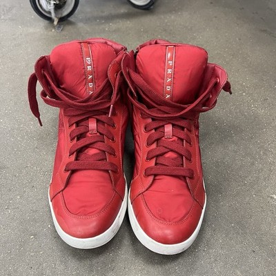 PRADA Leather High-Top Sneakers - LINEA ROSSA RED STRIPE - -  US 9