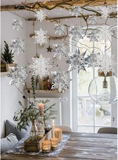 18pc 3D Christmas Snowflake Decorations Hanging White Silver Winter Wonderland