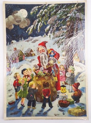 Vintage Advent Calendar Santa Claus Gift Bag Children Circa 1960 Glitter