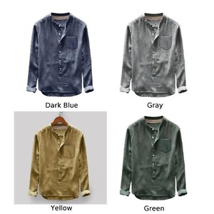 Men-039-s-Vintage-Loose-Casual-Cotton-Blends-Shirts-Stand-Collar-Long-Sleeve-Blouse