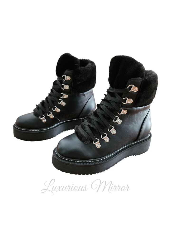 Nicole Miller Kooky Leather Combat Lace Up Boots Faux Fur Womens Mid Calf Sz 6.5 - Image 4 of 4