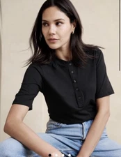 Banana Republic Women Black Cotton Elbow Sleeve Henley T-shirt Sizes XXS XS Or M