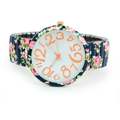 Reloj para mujer con correa elástica de cara grande azul marino con estampado floral y cara grande fácil de leer - Imagen 2 de 6