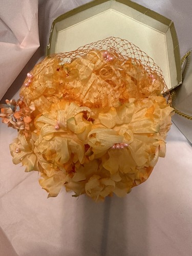 VNT 50s 60s Pennington Orange Pink Flower Pillbox Hat Floral Spring Mesh Mcm - Bild 8 von 11