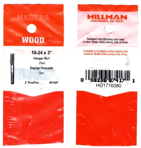 HANGER BOLT ZINC PLATED STEEL 10-24 X 3" Long Lot OF 50 Hillman...............5C - Picture 3 of 3