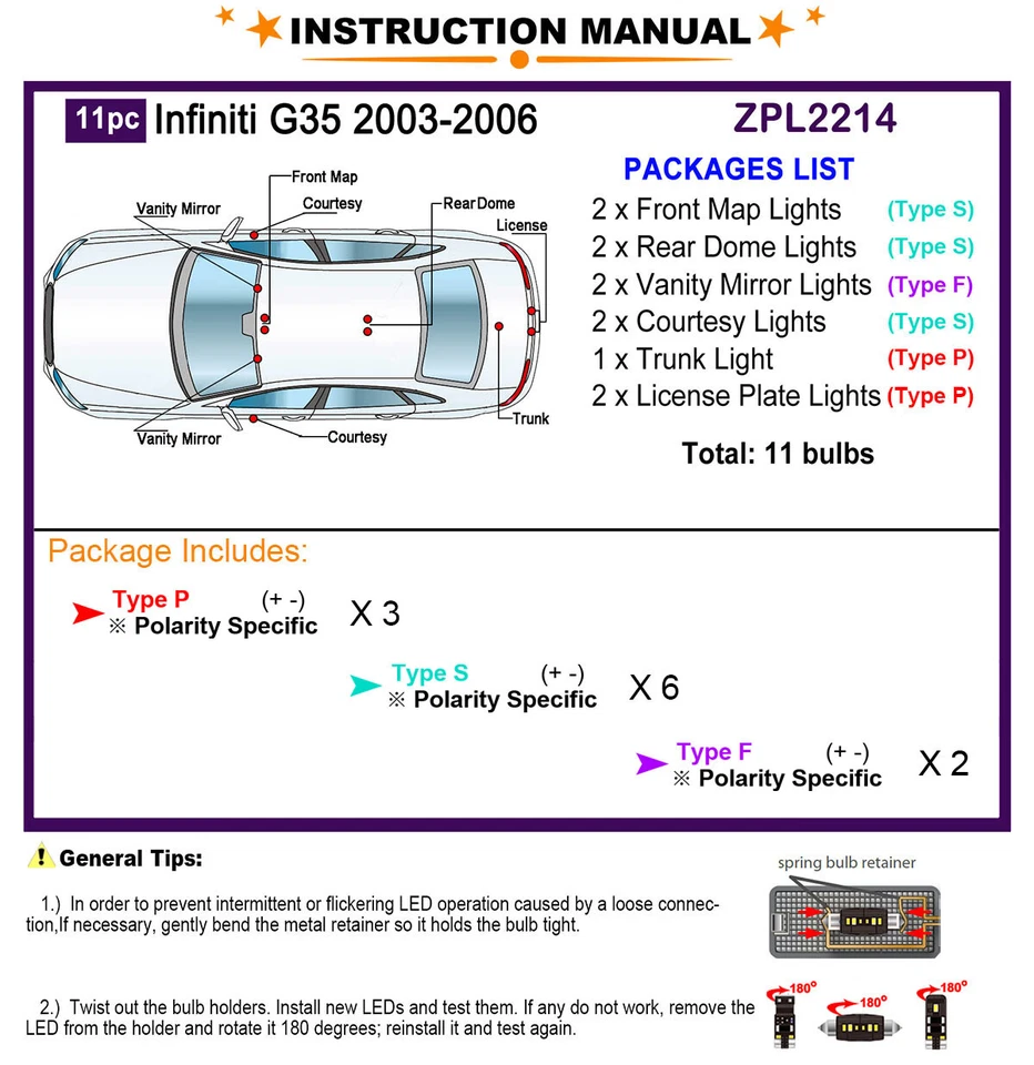 Kit de luces interiores LED para Infiniti G35 2003-2006 bombillas domo blancas actualización Foto 2 de 4
