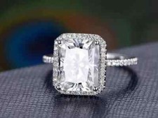 3CT Emerald Cut Lab Created Diamond Halo Engagement Ring 14k White Gold Plated