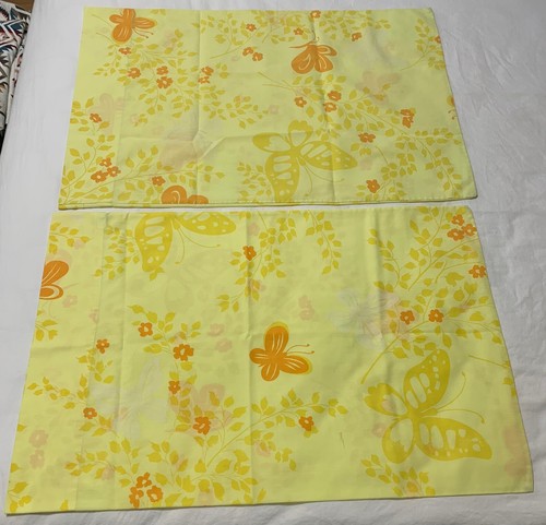 Set Of 2 Pequot Pillowcases Standard Butterfly Yellow Floral No Iron Percale USA