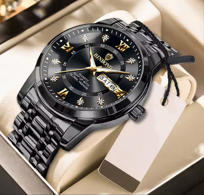 BINBOND Men's Quartz Analog Watch Date Luminous Black Dial Steel Bracelet IP67